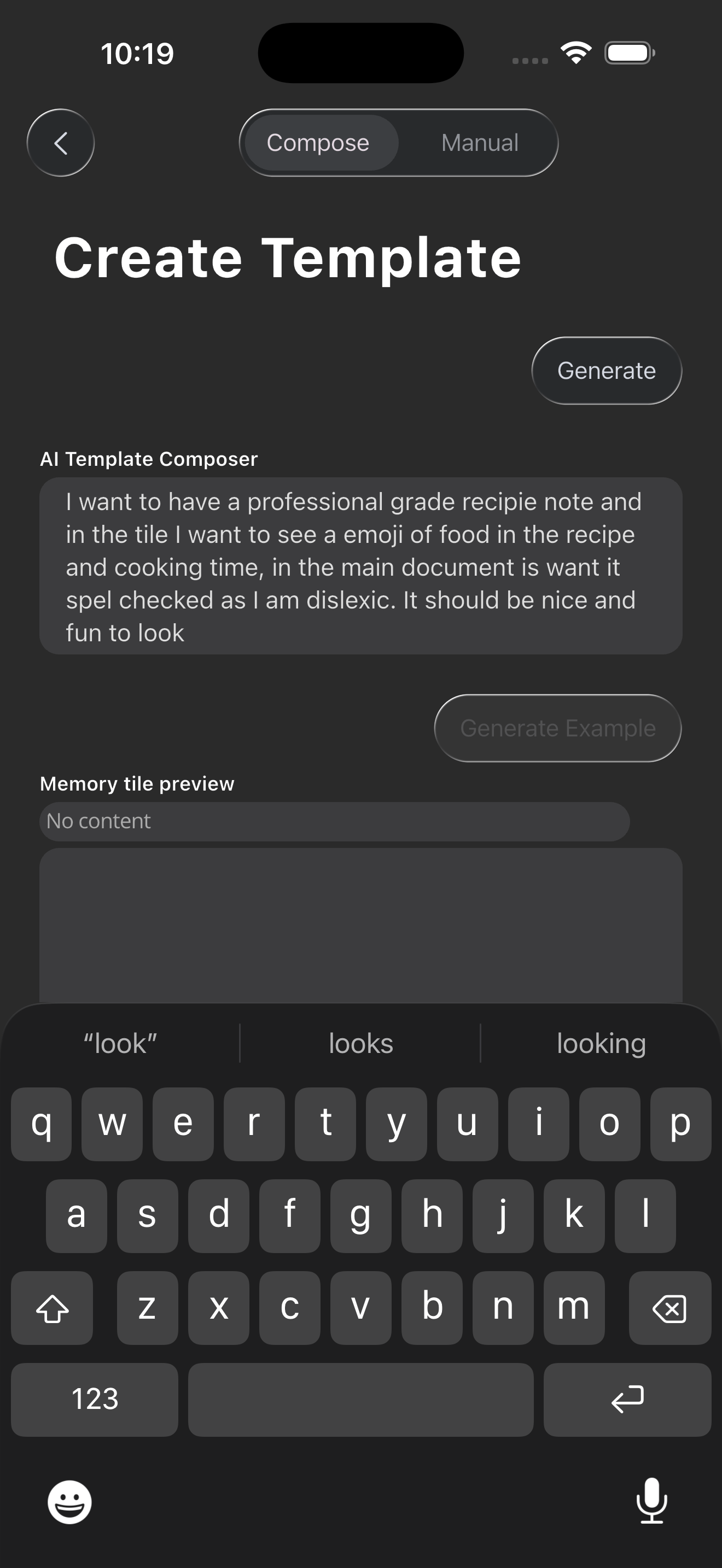 Memory Lake template creation screen